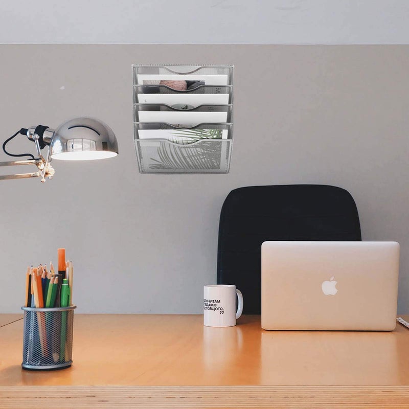 EASEPRES 5 Pocket Mesh Hanging Wall File Organizer, Wall Mounted Mail Paper Document Folder Holder, Clipboard Storage Organization Magazine Rack with Nametag Label for Office Home School, Silver - Image 4